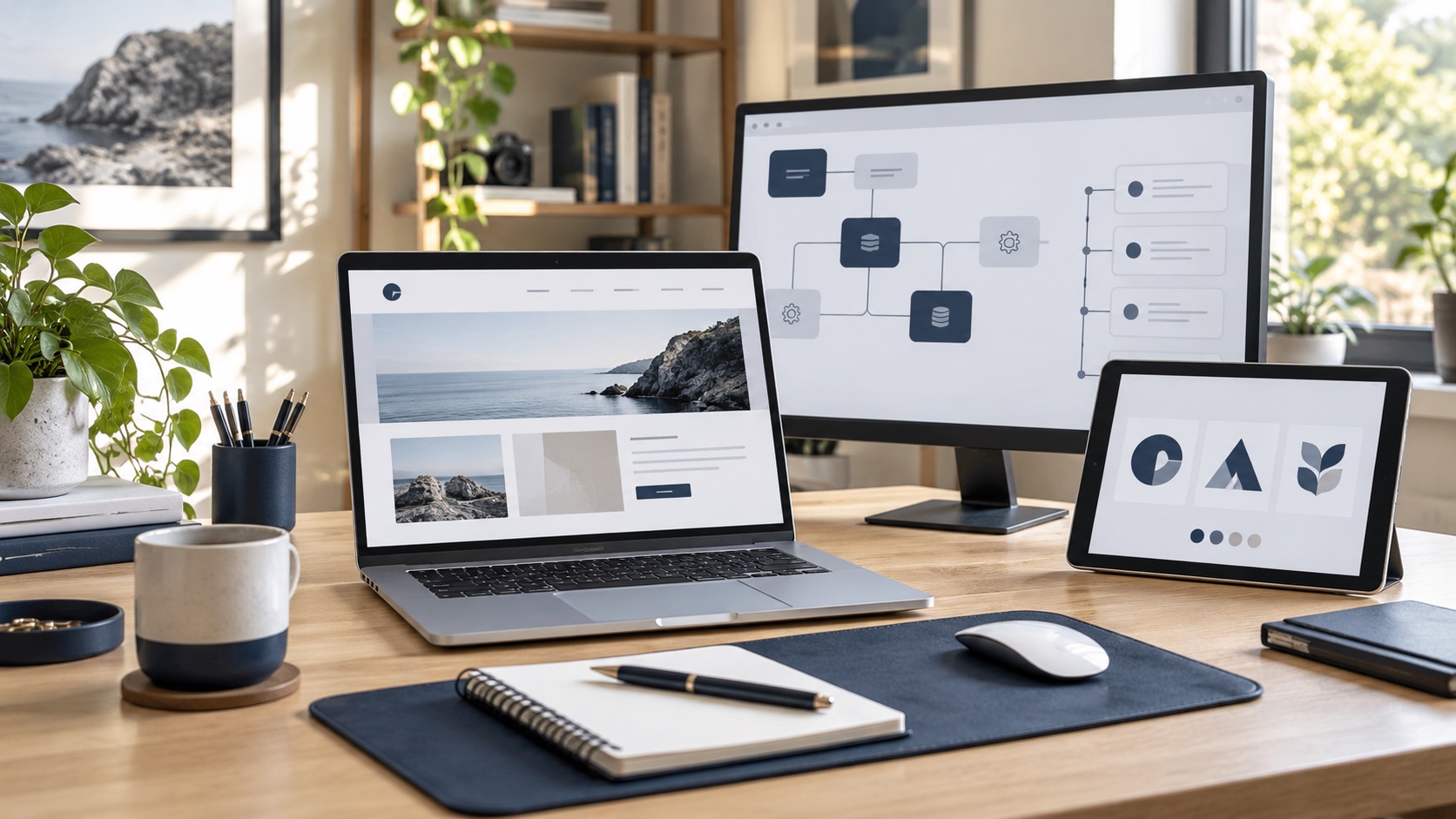 Arbeitsplatz für Webdesign, Gestaltung und Automatisierung – Symbolbild